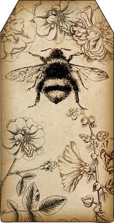 a drawing of a bee surrounded by flowers