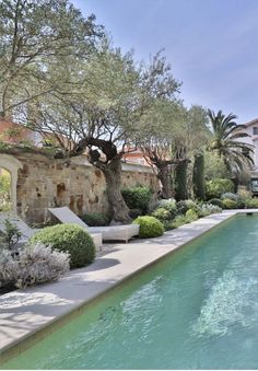 an outdoor swimming pool surrounded by trees and bushes