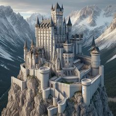 a castle on top of a mountain with mountains in the background