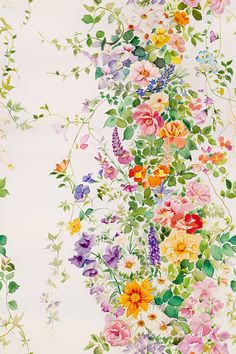 a painting of flowers and leaves on a white background