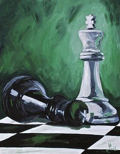 a painting of a chess piece on a checkerboard board with green background and white pawn