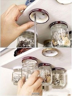 there are two pictures of jars with different things in them