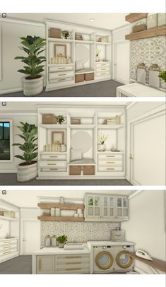 three different views of a kitchen with white cupboards and plants in pots on the counter