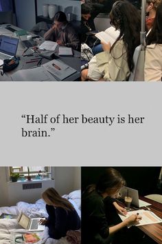 three pictures with people working on laptops in the same room, and one has a quote that reads half of her beauty is her brain