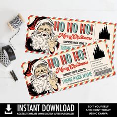 two tickets with santa clause on them and some other items next to the ticket card