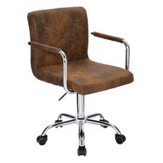 a brown leather office chair with chrome wheels and casteors on an isolated white background