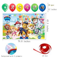 the paw patrol birthday party supplies include balloons, streamers and paper decorations for each child's birthday