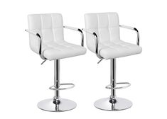 two white leatherette bar stools with chrome base and footrests, set of 2