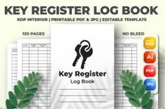 the key register log book is next to some plants and paper with keys on it