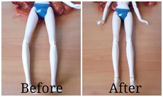 before and after photos of a barbie doll's body, the bottom half is blue