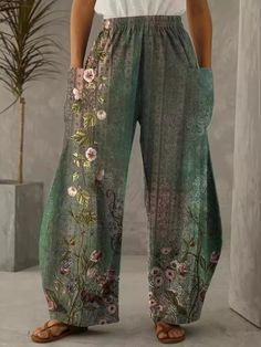 An exclusive offer for you——Affordable prices at Zolucky store, SPU: 294CPA85A745, Color: Green, Material:Polyester, Silhouette:H-Line. Pattern Pants Women, Whimsical Clothes, Pattern Pants, Patterned Pants, Mode Hippie, Printed Wide Leg Pants, Womens Pants, Pants Casual, Loose Pants