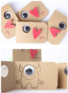 some paper bags with eyes and hearts on them are shown in the shape of an animal