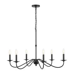 a black chandelier with six lights hanging from it's center and five arms