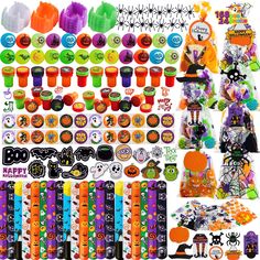 various halloween decorations and stickers are arranged on a white background, including candy sticks