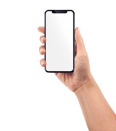 a person's hand holding an iphone with a blank screen on it, against a white background