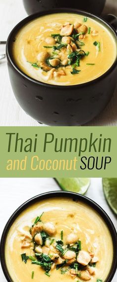 thai pumpkin and coconut soup in a black bowl