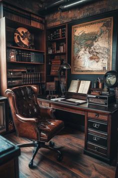 This dark moody office setup captures a vintage railway theme, perfect for those seeking moody office ideas to inspire a small, cozy home office with dark modern decor and timeless charm. Moody Office Ideas, Small Moody Office, Grand Office, Dark Home Office, Gothic Victorian House, Dark Academia Interior, Home Office Dark, Moody Office