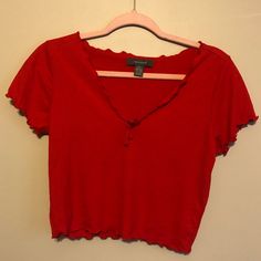 Red Tshirt Crop Top Lettuce Hem Never Worn Purchased From Primark In London Size Medium Red Cotton V-neck Crop Top, Red V-neck Casual T-shirt, Trendy Red Crop Top T-shirt, Red Cotton Crop Top, Casual Red Crop Top, Red Crop Top T-shirt For Summer, Red Short Sleeve Casual Crop Top, Casual Red Short Sleeve Crop Top, Red Casual Crop Top