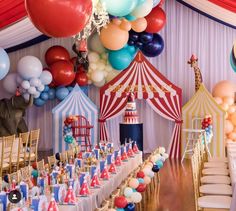 a circus themed birthday party with balloons and decorations