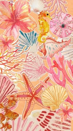 an orange background with pink and yellow flowers, shells, and seahorses on it