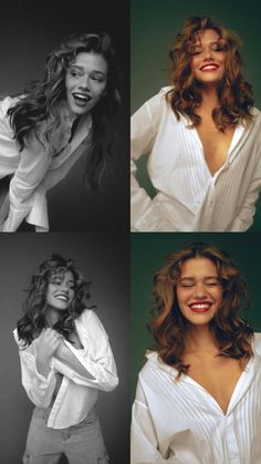 four different photos of a woman with long hair and white shirt, posing for the camera