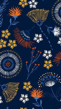 a blue background with yellow and white flowers on the bottom right hand corner is an orange flower