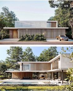 two pictures of a modern house with pool and trees in the back ground, one is empty