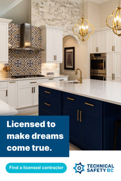 a kitchen with white cabinets and blue countertops has the words, license to make dreams come true