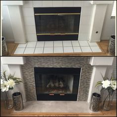 two pictures of a fireplace with white flowers in vases on either side and the same fire place