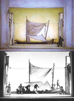 two pictures of people working on a sailboat