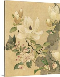 a painting with white flowers and green leaves on a beige background is featured in this image