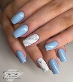 Nail Designs With Light Blue, Carolina Blue Nails Designs, Light Blue Wedding Nails Bridesmaid, White Silver And Blue Nails, Blue French Manicure Designs, Light Blue Fingernails, White Blue Silver Nails, Sky Blue Nail Art Designs, Wedding Nails Blue And White