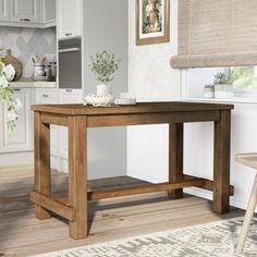 a wooden table sitting in the middle of a kitchen next to a window with blinds on it