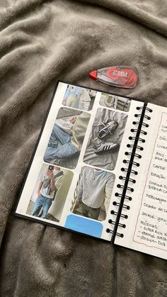 an open notebook with pictures and instructions on it sitting on a bed next to a pen