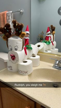 two christmas themed toilet paper rolls in front of a bathroom mirror with the caption rudolph, you sleigh me