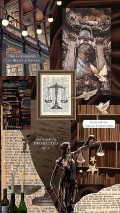 a collage of images including books, pictures and an image of a lady justice figure