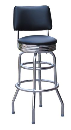 a black and chrome bar stool with an upholstered seat