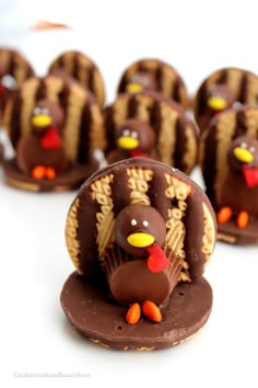 chocolate turkey cookies are arranged on top of each other