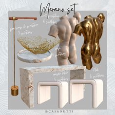 an assortment of marble and gold items with text describing the different materials used in this project