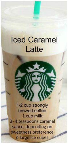 a cup of iced caramel latte is shown with information about how to make it