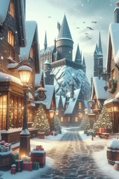 an animated christmas scene with a castle in the background and presents on the ground outside