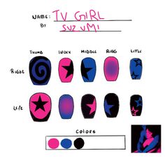 Nail Designs Easy Beginner, Cute Tomboy Nail Ideas, Nail Inspo Cool Design, Scene Nails Simple, Very Easy Nails, Artist Nails Design, Tv Girl Nails Idea, Nail Color Patterns, Nail Inspo Drawing