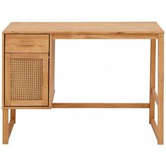 a wooden desk with two drawers on one side and an open drawer on the other