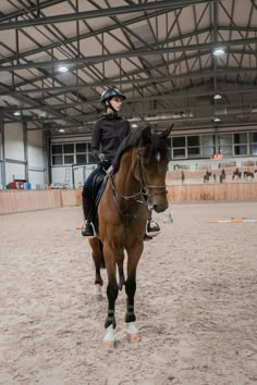 a woman riding on the back of a brown horse in an indoor arena with people watching