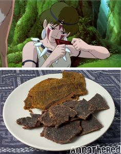 two pictures one with food and the other with an anime character holding something in it's mouth