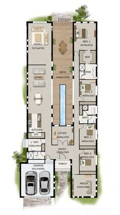 the floor plan for a house with two car garages and an attached pool area