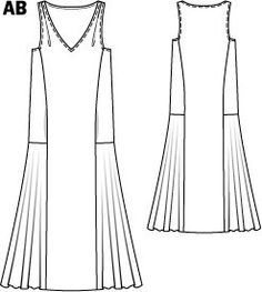 the front and back views of a women's dress with pleaed hems