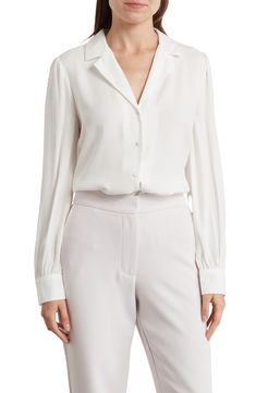 Elegant V-neck Shirt With Back Button Closure, Chic V-neck Shirt With Button Closure, Chic Blouse With Lapel Collar, Formal V-neck Shirt With Button Closure, Elegant V-neck Top With Cuffed Sleeves, Chic Spread Collar Shirt For Work, Chic Solid Blouse With Collared Neckline, Chic Business Casual Blouse With Lapel Collar, Chic Solid Color Blouse With Collared Neckline