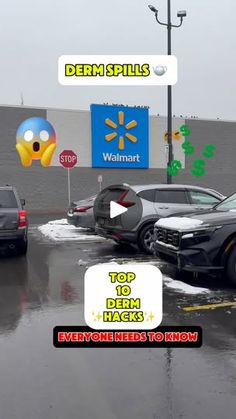 cars parked in front of a walmart store on a wet parking lot with emoticions