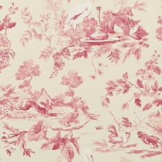 an old wallpaper with pink flowers and birds on the top, in front of a white background